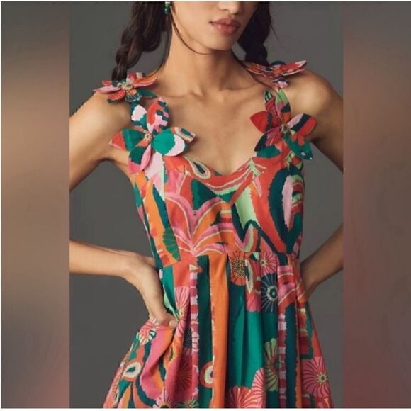 NEW Farm Rio x Anthropologie Pleated Palm Cutout Midi Dress Small - Picture 2 of 4